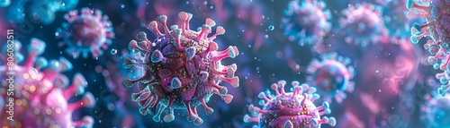 Macro closeup image of microscopic virus cells, artistically rendered in bright colors on a black background, suitable for editorial and educational content