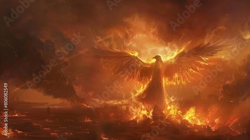 Majestic Phoenix Rising From Fiery Inferno in Apocalyptic Scene