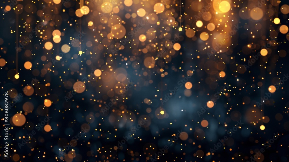Obraz premium Dark background, golden lights hanging from the top of the screen, scattered gold particles floating in midair, blurry bokeh effect, depth of field, black gradient background, light refraction.