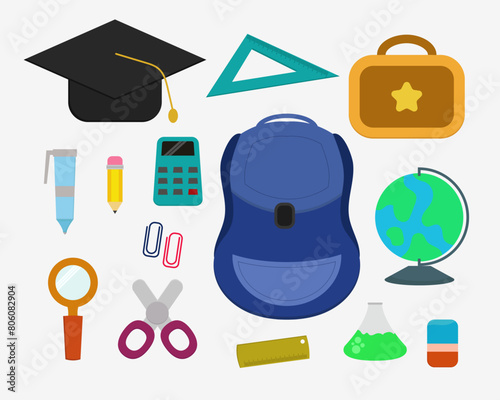 Set of school supplies. Vector flat illustration in flat color. Back to school