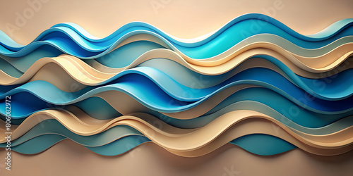 Layers of wavy lines in shades of blue and beige create a calm and rhythmic flow, creating the sensation of waves or undulating sand dunes. The image is a digital creation with a 3d effect.AI generate