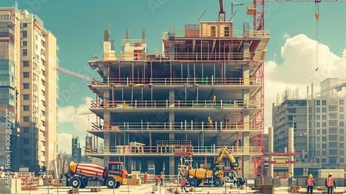 Professional image of a multistory building under construction, featuring workers, concrete mixers, and steel frameworks, capturing the essence of construction engineering photo