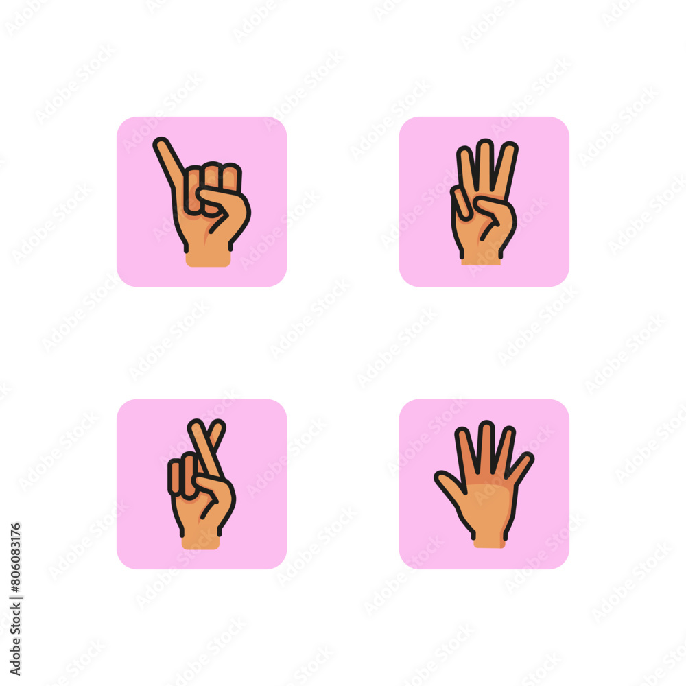 Fototapeta premium Hand gesture line icon set. Five, three, crossed fingers, fist with elongated little finger. Gesturing concept. Can be used for topics like communication, deaf language. Vector illustration for app