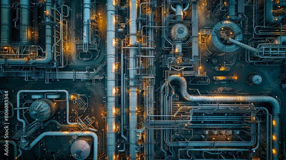 Professional image of an overhead view of a pipeline and pipe rack system within a petroleum refinery, showcasing the scale and organization of the facility