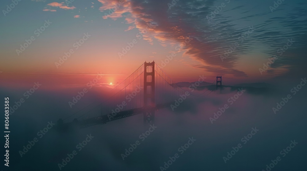 Mystical Silhouette: Capture the silhouette of the Golden Gate Bridge against the backdrop of a soft, ethereal dawn sky with fog swirling around its base, creating a mystical and enchanting ambiance. 