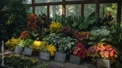 An educational display about allergenic plants vs. hypoallergenic plants in a botanical garden setting, with labels and descriptions. photo
