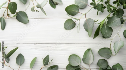 Eucalyptus branches and leaves on wooden rustic white background. Minimal background eucalyptus on white board. Flat lay, top view, copy space hyper realistic 