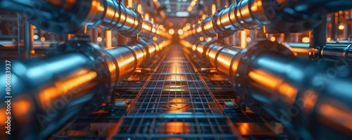 Stock photo capturing the robust structure of pipe racks loaded with pipelines, essential for transporting oil in a largescale petroleum refinery photo