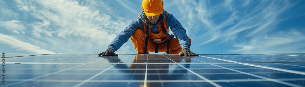 Stock photo featuring a solar panel technician at work during a sunny day, reinforcing the theme of human contribution to renewable energy solutions Stock photo featuring a solar panel technician at work during a sunny day, reinforcing the theme of human contribution to renewable energy solutions