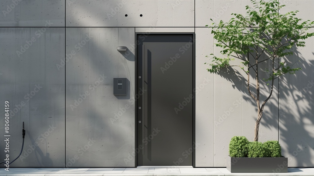Modern steel door with a minimalist design and integrated doorbell Modern steel door with a minimalist design and integrated doorbell