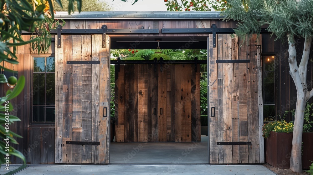 Sliding barn doors made from reclaimed materials for a sustainable entrance