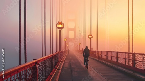 Silent Morning Walk: Capture a person walking or cycling along the bridge's pedestrian path during dawn, with fog creating a serene and almost mystical atmosphereş Generative Aİ photo