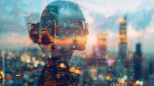 Stock photo illustrating the concept of devotion in building construction engineering, with a double exposure of the project site and digital planning tools, symbolizing innovation and forwardthinking
