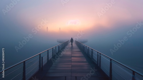 Silent Morning Walk: Capture a person walking or cycling along the bridge's pedestrian path during dawn, with fog creating a serene and almost mystical atmosphereş Generative Aİ