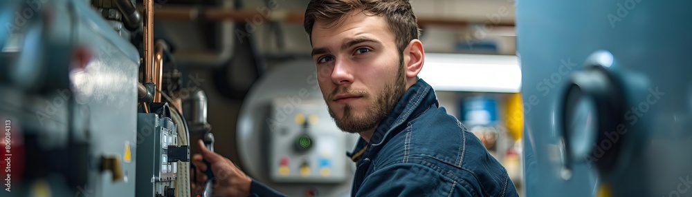 Stock photo of a repairman in a boiler room, fixing a large electric boiler or furnace, tools in hand, focused on troubleshooting mechanical issues Stock photo of a repairman in a boiler room, fixing a large electric boiler or furnace, tools in hand, focused on troubleshooting mechanical issues