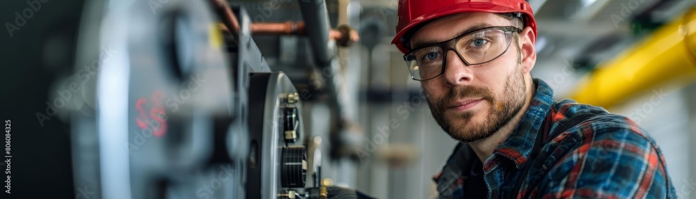 Stock photo of a repairman in a boiler room, fixing a large electric boiler or furnace, tools in hand, focused on troubleshooting mechanical issues Stock photo of a repairman in a boiler room, fixing a large electric boiler or furnace, tools in hand, focused on troubleshooting mechanical issues