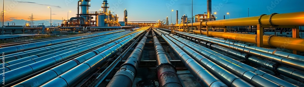 Stock photo of a sprawling pipeline and pipe rack system at a petroleum refinery, illustrating the complex network of industrial piping under clear skies