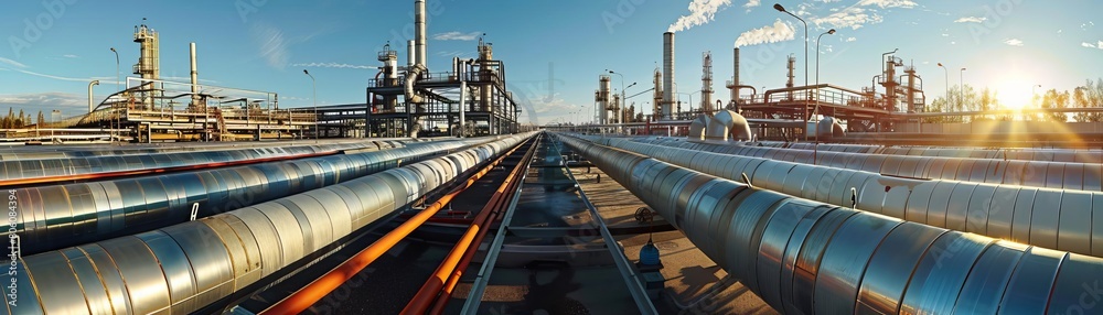 Stock photo of a sprawling pipeline and pipe rack system at a petroleum refinery, illustrating the complex network of industrial piping under clear skies Stock photo of a sprawling pipeline and pipe rack system at a petroleum refinery, illustrating the complex network of industrial piping under clear skies