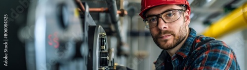 Stock photo of a repairman in a boiler room, fixing a large electric boiler or furnace, tools in hand, focused on troubleshooting mechanical issues