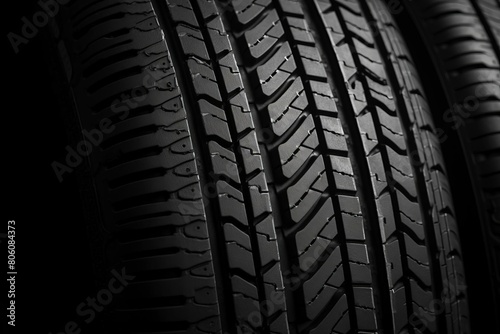 A close up of a black tire with the tread showing