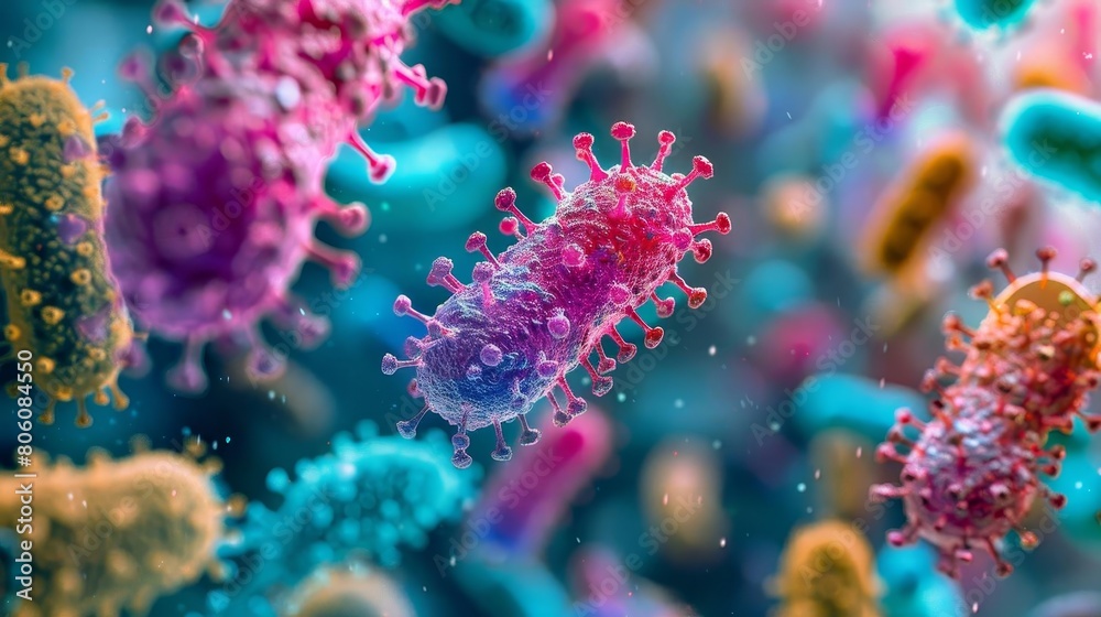 Obraz premium Stock photo of abstract representations of bacteria and viruses, showcasing a variety of colorful, grampositive bacteria, ideal for illustrating probiotic benefits
