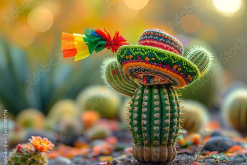 Cinco de Mayo. Festive cactus rocks a sombrero. Vibrant colors. copy space for texts