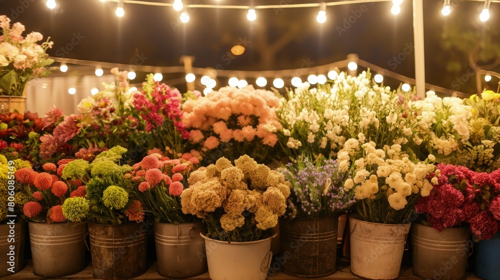 An elegant floral arrangement stand at a night market, with various types of flowers in rustic buckets, illuminated by string lights above.