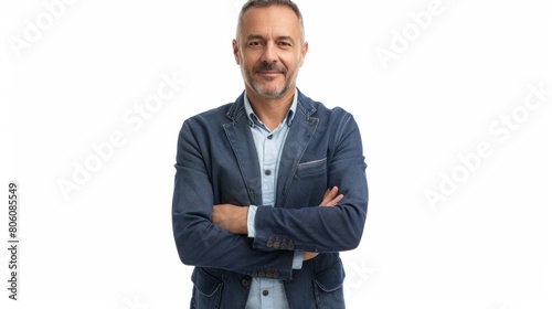 Middle age businessman in business casual. Entrepreneur in jeans and jacket. Mid adult, mature age man, happy smiling. Full length portrait isolated on white. hyper realistic  photo