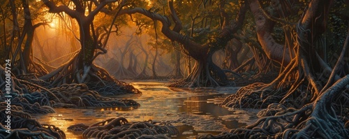 Capture the mysterious allure of a swamp in a dry land with intricate details of twisted mangroves and parched earth below, bathed in the warm glow of an evening sun photo