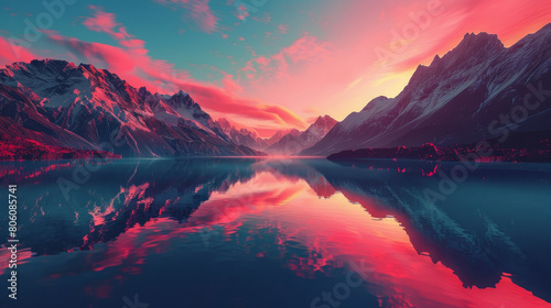 A beautiful mountain lake with a pink sky in the background