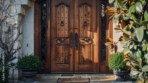 Traditional wooden door with raised panels and wrought iron accents