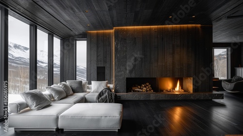 A modern living room with black wooden floor, fireplace and white sofa, large window on the left side of wall, modern style interior design photography, dark gray wood paneling walls