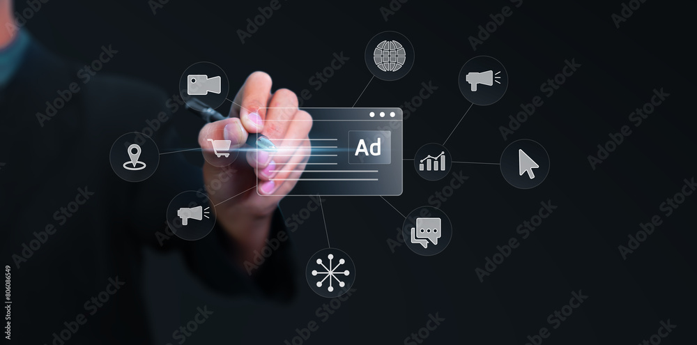 Fototapeta premium Online marketing and advertising internet concept. Businessman brainstorming, planning, strategy for future business promotion on websites and social media for traffic and awareness.