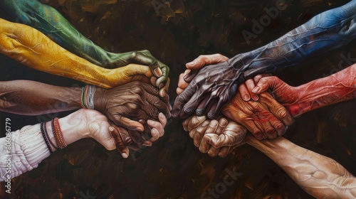 People of all colors holding hands hyper realistic  photo