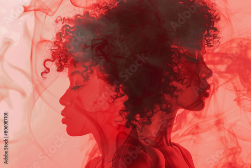 Surreal double exposure portrait of a woman with curls of red smoke, blending beauty and abstract art in a captivating display