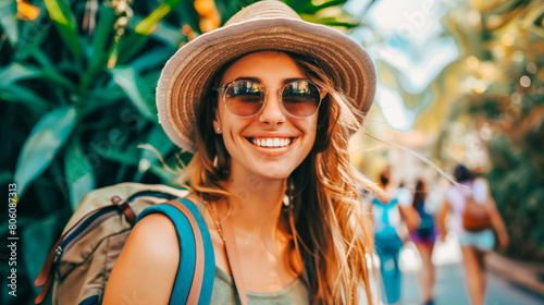 Joyful young woman exploring tropical surroundings, her radiant smile and trendy accessories embodying the spirit of adventure