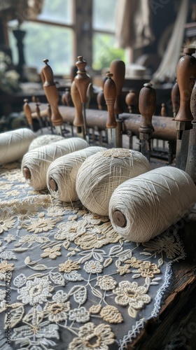 The image shows a wooden table covered with white and beige bobbins of yarn. The bobbins are arranged in a row, and there is a wooden frame with pegs in the background.