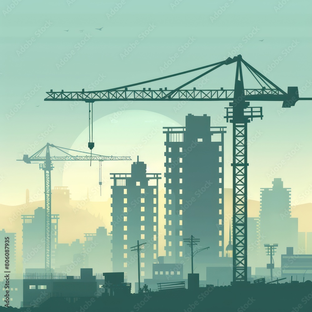 Construction site with heavy construction machines in the city. Vector illustration Construction site with heavy construction machines in the city. Vector illustration