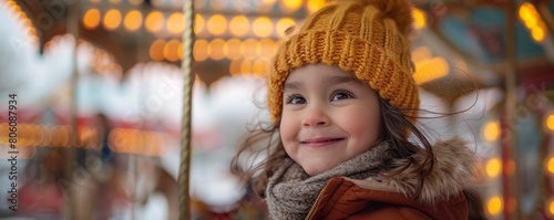 Little girl on a carousel at a funfair. The child is wearing a yellow beanie and a scarf. The background is blurry with bokeh lights.