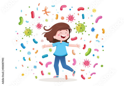 Cute girl surrounded by bacteria, happy expression, vector illustration style with flat colors and simple shapes on white background.