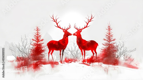 This is an image of two red deer standing in a snowy forest. The deer are facing each other. The background is white. The image is done in a watercolor style.