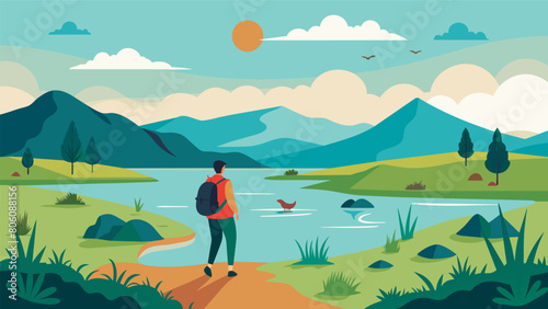 Serene wetlands provide the perfect backdrop for a lowimpact hike perfectly highlighting the importance of treading lightly on the sensitive. Vector illustration