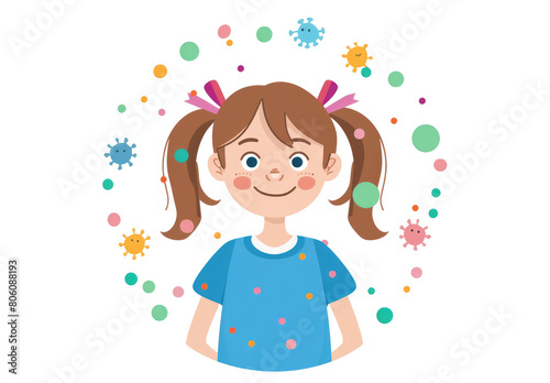 Cute girl surrounded by bacteria, happy expression, vector illustration style with flat colors and simple shapes on white background.