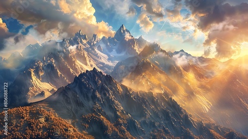 A breathtaking mountain landscape with jagged peaks and dramatic clouds, bathed in golden sunlight, an awe-inspiring nature background. © Balqees
