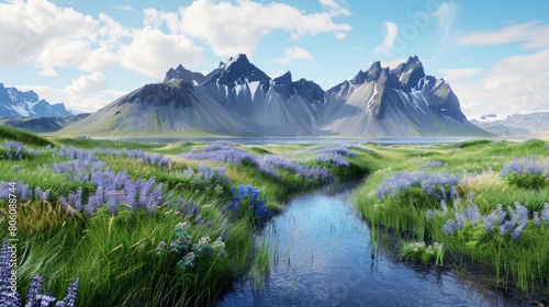 Stokksnes, Iceland with the Stordspecies of vestrahorn mountain in the background, a small lake and blue skies, purple flowers, green grass hyper realistic 