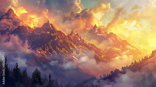 A breathtaking mountain landscape with jagged peaks and dramatic clouds, bathed in golden sunlight, an awe-inspiring nature background. #806089133