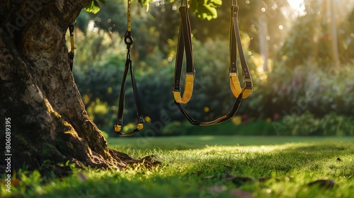 An outdoor TRX setup with straps hanging from a sturdy, old tree in a lush green park, ready for an early morning workout. photo