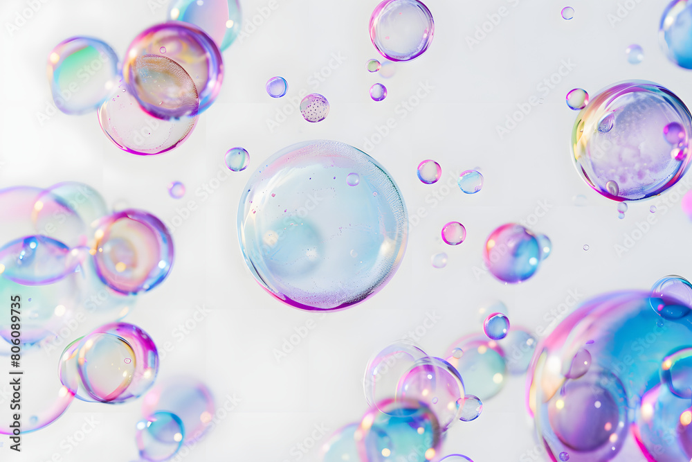 Rainbow bubbles floating in a white background with colored bubbles.