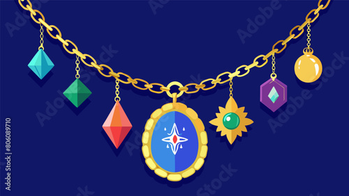 A plain gold chain is adorned with a variety of thrifted pendants creating a unique and eclectic layering piece.. Vector illustration