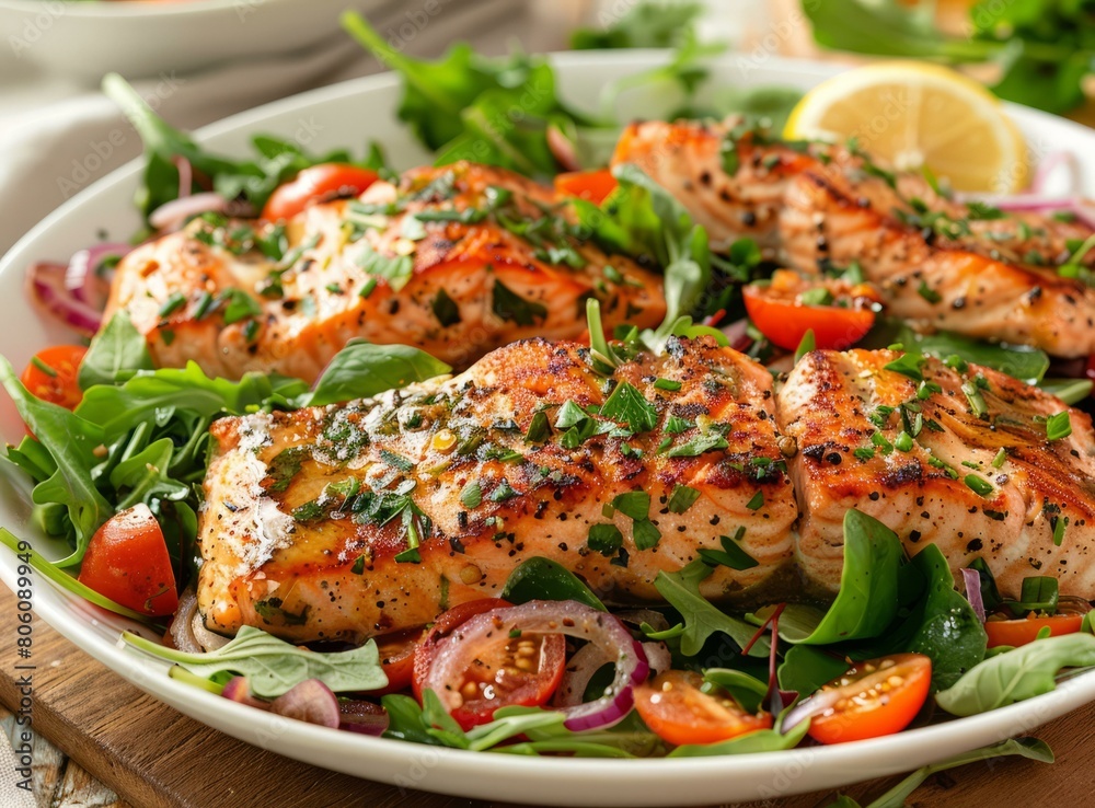 Grilled salmon fillet with tomato and lettuce salad Grilled salmon fillet with tomato and lettuce salad